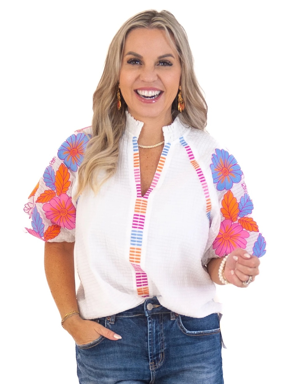 THML Floral Embroidered Puff Sleeves Ruffle Neck Texture Popover Top Size Small